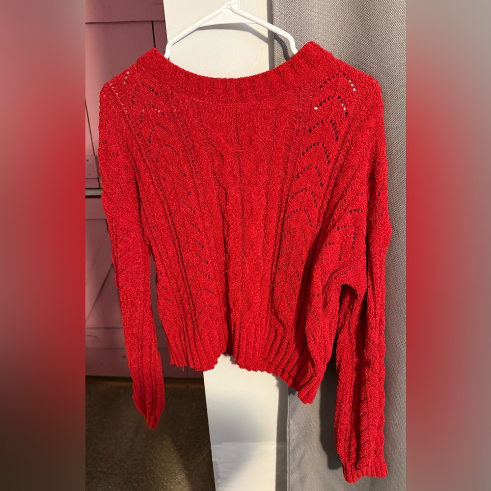Pink Rose Crimson Pointelle Knit Sweater